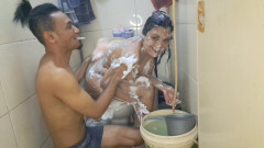 Wife is taking a shower and I'm taking a shower too.