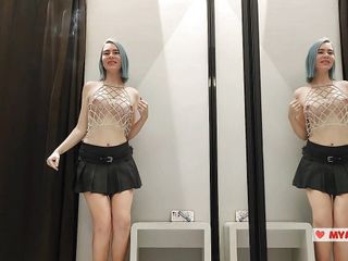 Try on transparent sexy clothes in a mall. Look at me in the fitting room and jerk off to my tits, I like it.