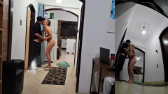 Real wife cheats on her husband while he's wearing headphones with the delivery man.