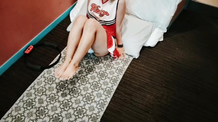 A cute, busty married woman does exercise 1 in an erotic cheerleader costume. Home made amateur Private Shoot