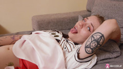 Naughty girl Angelina Bong armed with a sex toy in a hot solo fun on the couch.