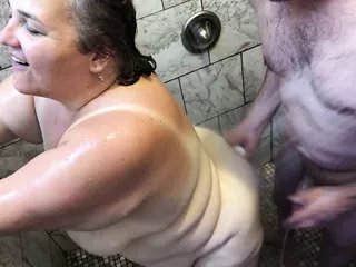 Showering with my Mature BBW MILF with Saggy Tits, Belly TnD