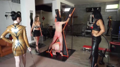 Three femdom chicks whipping and punishing their slaves