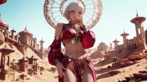 Desert Fantasy! Silver-haired Saintess's Private Dance in the Red-gold Palace, Light Ribbons Wrapping Around Her.