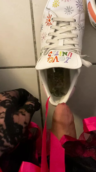 Sissy exposes and masturbates in neighbor girl's sneakers