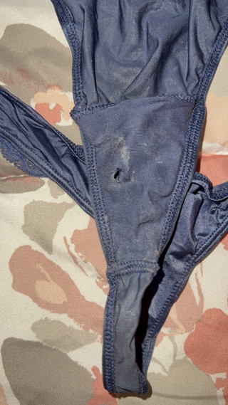 Blue satin thong cum