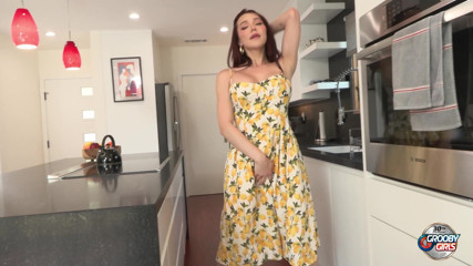 GROOBYGIRLS Redhead Trans Woman Strokes Big Cock on Kitchen Island Wearing White High Heels