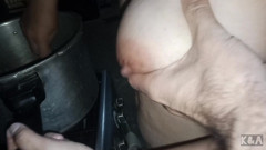 I try to cook but my husband just wants to suck my huge natural tits and big nipples