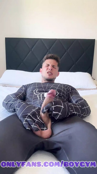 Jerking off My Fat Cock with My Spiderman Suit, Boygym Cum