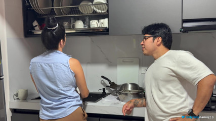 Passionate sex in the kitchen with a beautiful Latin wife with pink pussy!