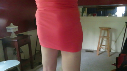 CD in a tight red dress without panties has a fem ass, hips.
