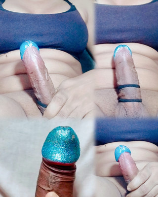 My lovely blue dick Jerk off and loaded cum shot with My boobs.