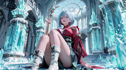 Ice Throne! Silver-haired Mage in Red-Green Gown Kneeling, Blue-Haired Partner Teasing in Snowy Realm!