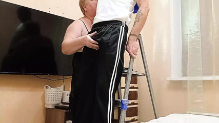 after repairing the chandelier, my mother-in-law jerks off my dick to a cumshot
