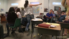 After accidentally showing porn the busty professor tells everyone to leave but one man stays