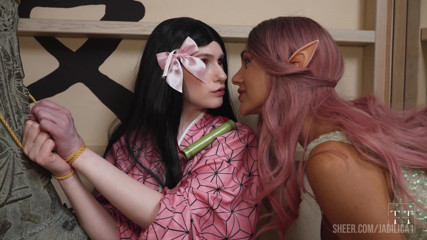 Cute Pixie Lesbian Playing Scissor with a Nezuko Kamado. Demon Slayer