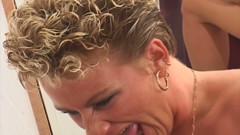 Tattooed Blonde MILF Pisses & Fucks in Steamy Shower