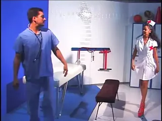 Nurse in red heels gets on top of sexy patient stud to suck his tool