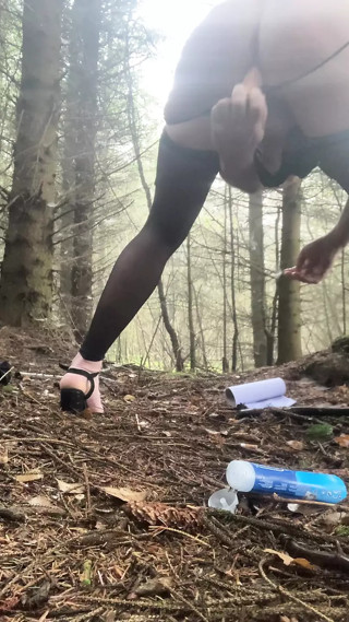 Sissy bitch in woods new bra new panties new toy thumbnail