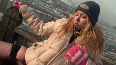 Blonde slut wearing fisnet stockings getting banged in snow outdoors