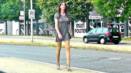 Crossdresser in very short dresses &amp; skirts outside