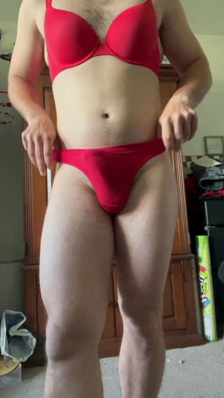 Muscle Femboy sissy cuck crossdresser in Victoria's Secret bra and panties Playing with large dick thumbnail