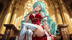 Golden Hall Fantasy! Green-haired Knight in Red-white Armor Kneeling, Teasing with Floating Magic Books - Divine Meets Carnal!