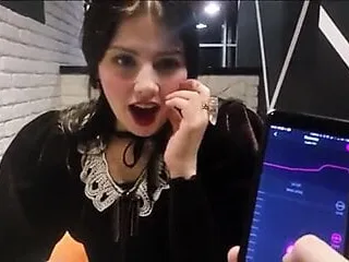 Remote Vibrator Orgasm in Public Restaurant - Cute Brunette