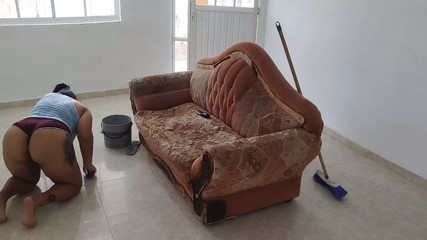 Hot chubby girl masturbates with the furniture while cleaning the house