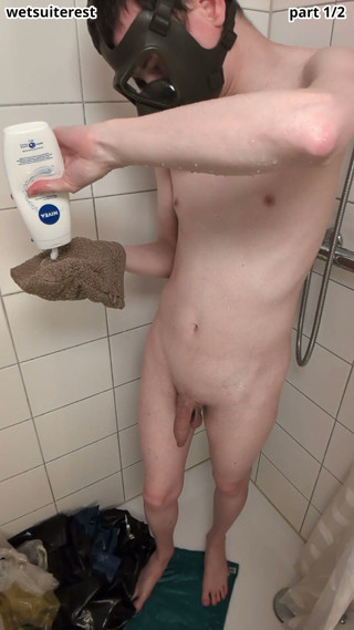 Twink showering with gas mask