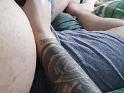 Tattooed step mom almost caught by Husband while handjob step son dick 