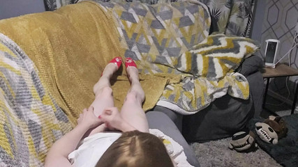 crossdresser masterbating in red 6 inch peeptoe high heels thumbnail