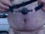 Cock and ball bondage with nipple clamps and butt plug