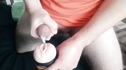 Guy model fucks pussy toy and cums twice on webcam