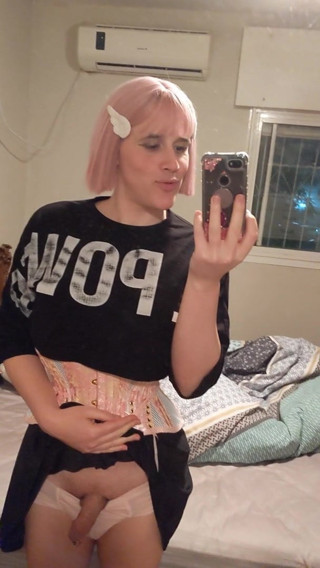 Cute anime trans woman reveals her dick from under her skirt