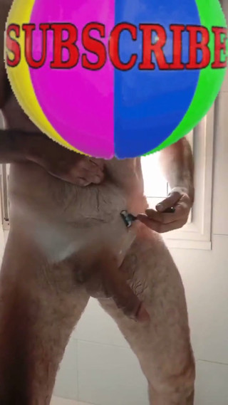 Handsome Mature Chubby with Big Fat Cock Shaving My Cock and Eggs in the Shower in Close-up