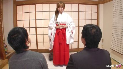 Traditional Japanese Teen Seduce to Uncensored MMF 3some Sex by Two Boys with Facial and Creampie