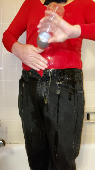 Cd pissing and pouring piss on nylon pantyhose leotard and jeans. thumbnail