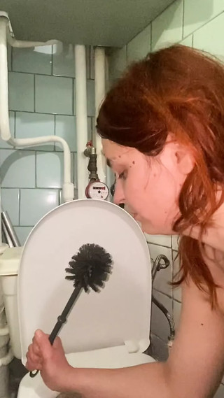 dirty toilet licking, toilet brush, spit from the floor