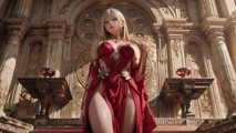 Blonde Queen in Red! Sitting by the Fountain, Adjusting Her Slit Dress. Eyes Locked on You.