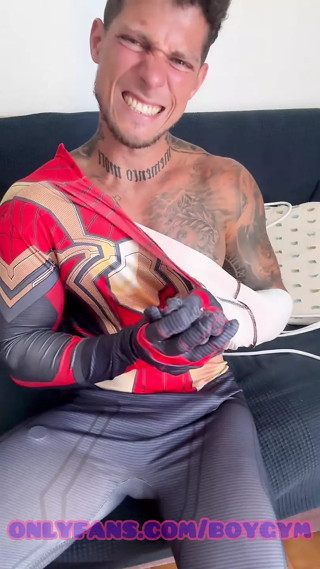 Hunk Spiderman Playing with His Fat Cockboygym