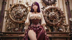 Steam-punk Stunner in White! Kneeling Under Giant Gears