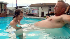 Skinny slut's pussy fucked in a public swimming pool