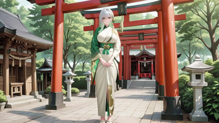 Silver-Haired Shrine Maiden Secrets! Languidly reclining in a red corridor, her bare shoulders and lush thighs exposed.