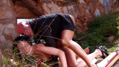 Brunette ass banged through the ruins of an house in the countryside