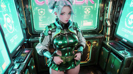The Green Armored Girl! Silver-haired Valkyrie kneeling and glancing back, fingertips tracing her cold metallic suit.