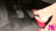 Sexy Barefeet Pedal Pumping in Scarlet Buckled Flats