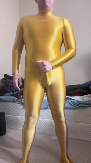 Yellow Gold Amoresy Spandex Suit! Keep Jerk Off with Condom and Cum
