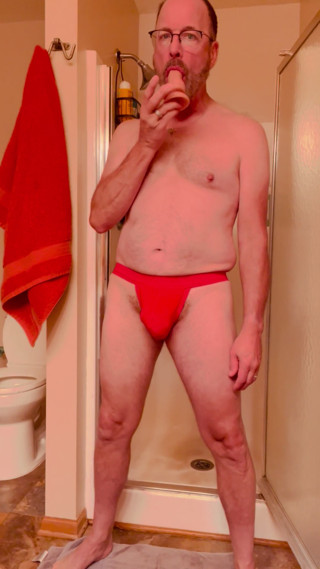 Daddy&amp;#039;s in the shower, stroking his cock, dildo in his hole