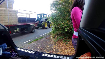 Change at side of road with passing cars, little cum shot at end